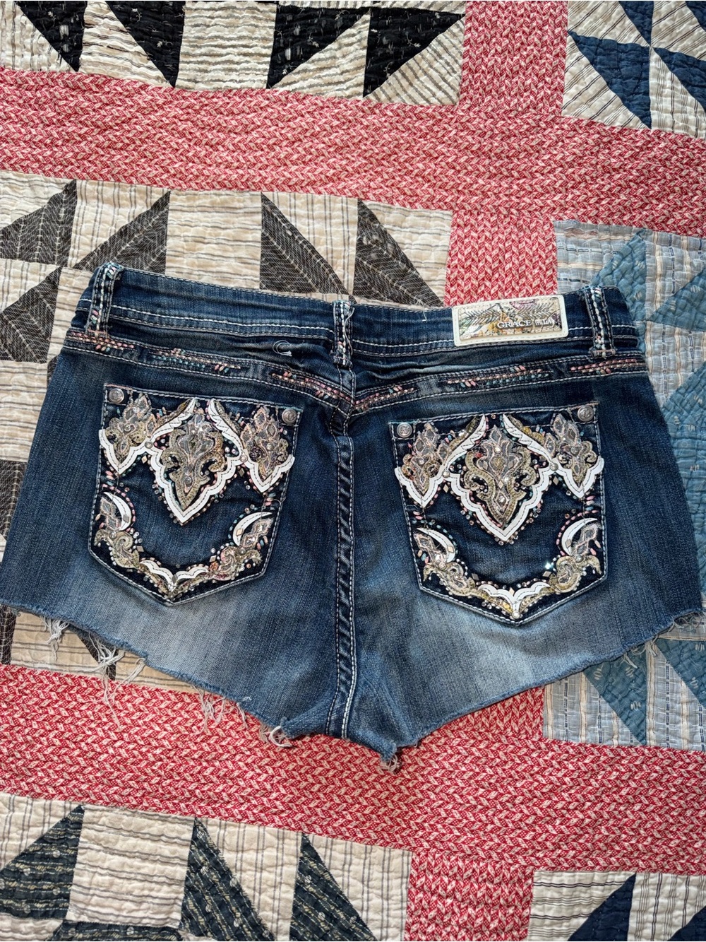 Grace in LA Dark Blue Embellished Denim Shorts